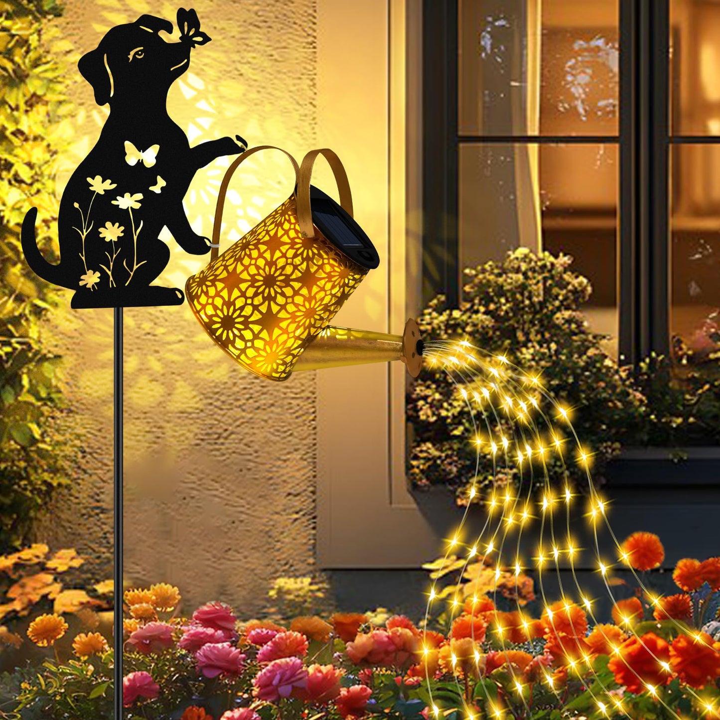 Solar Lights Outdoor Decorative  Watering Can With Cascading Lights  With Dog Silhouette Garden Stakes  Waterproof Metal Garden Decor For Yard Art  Outside  Patio  Lawn Ornaments(1 Pack)