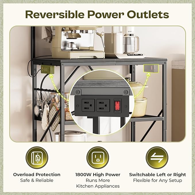 Huuger 4-Tier Bakers Rack with Reversible Power Outlet, 23.6 Inch Microwave Stand, Kitchen Bar, with Top Shelf, 6 S Hooks, Black