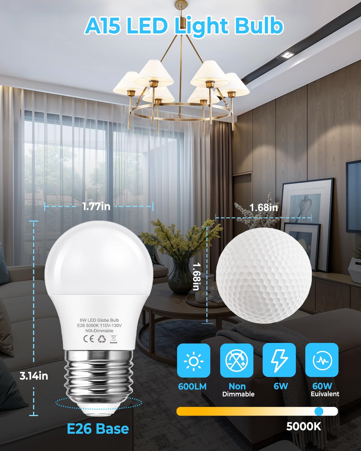 G45 Led Light Bulb 6W Daylight White 5000K  E26 Base 60Watt Globe Small Light Bulbs Equivalent  Non-Dimmable Bright Lighting For Refrigerator  Desk Lamp Lights  Vanity Mirror  Bathroom  6 Pack