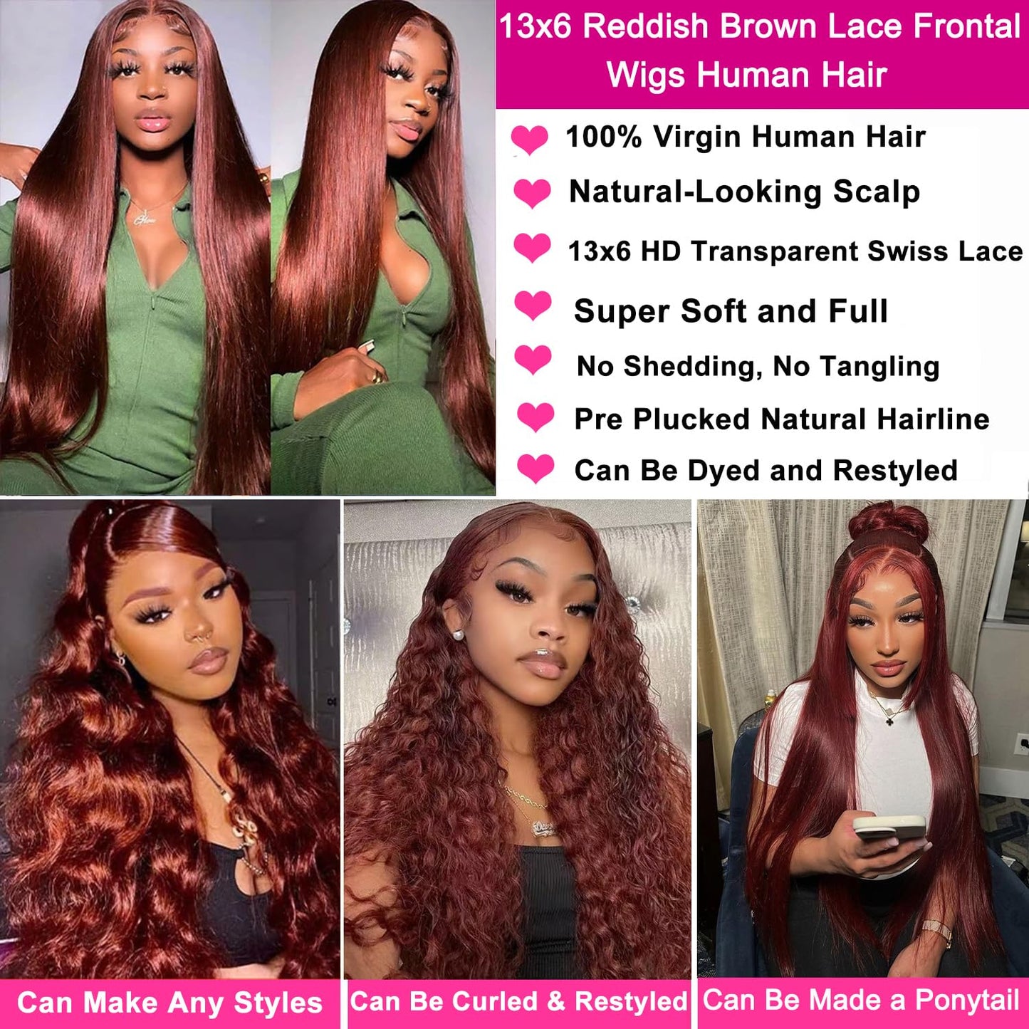 Reddish Brown Lace Front Wigs Human Hair 13x6 HD Lace Front Wigs Human Hair #33 Color Straight Copper Red Lace Front Wig Auburn