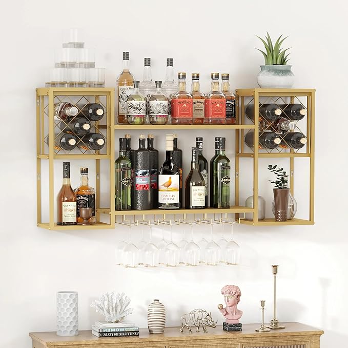 Wall Mounted Wine Rack, Multi Functional Bar Shelves for Liquor Bottles with Glass Holder, Modern Metal Bar Shelves Wall Mounted for Home Bar, Kitchen (Gold, 47.3" L x 9.9" W x 23.6" H)
