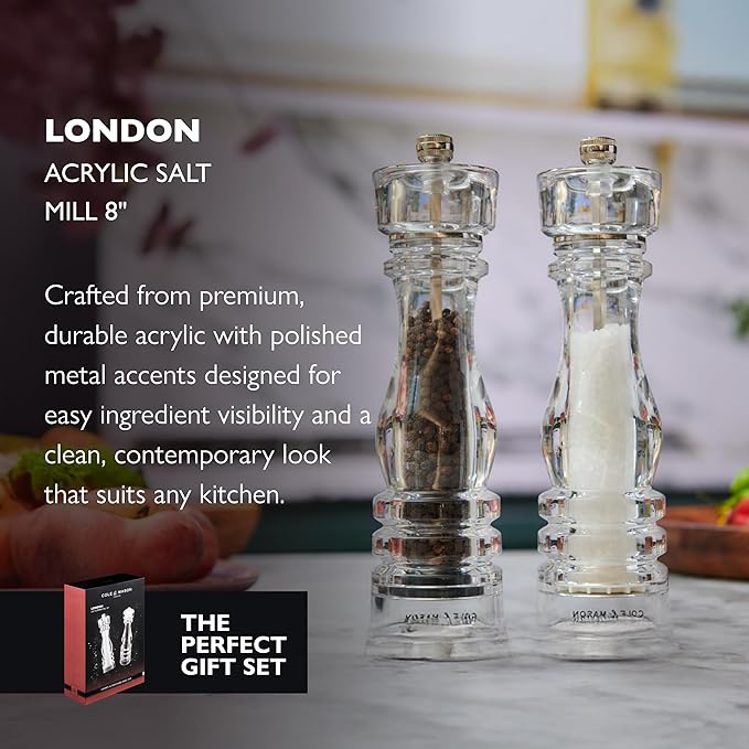 Cole & Mason London Refillable Spice Mill - Kitchen & Home Accessory - Table Salt Grinder - Salt Mill with Ceramic Mechanism - 8", Acrylic