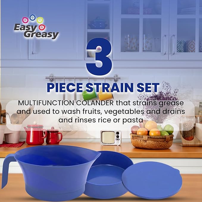 3-Piece Colander Grease Strainer Set – Blue Grease Separator with Handle, Container & Lid – Strains Bacon, Pasta, Ground Beef – BPA-Free Kitchen Gadget
