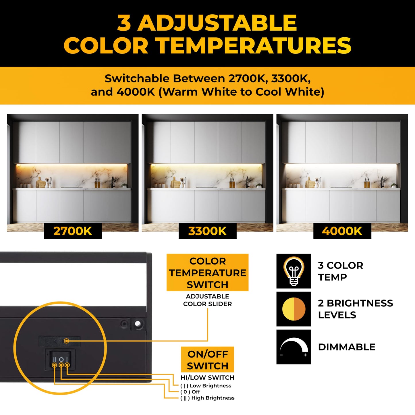 NSL LED Under Cabinet Lighting Dimmable - 3 Color Temperatures - 24 Inch Black - Model LTSPRO-24-BK - Aluminum
