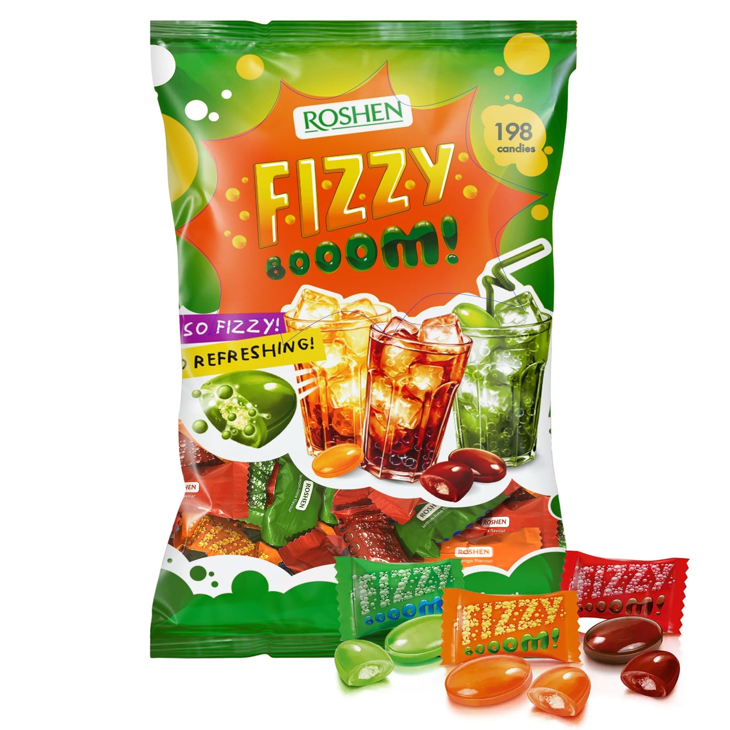 Roshen Fizzy Boom Candy - 2.2 lb Bulk Bag of Fizzy Hard Candies  Assorted Zesty Orange  Cola & Lemon-Lime Flavors - Retro Sour Candy  Individually Wrapped  Kosher  Halal  Hard Candy with Fizzy Center