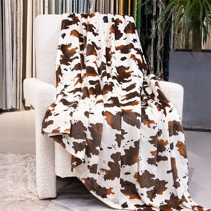Cow Print Fleece Blanket - Brown White Plush Throw, Lightweight Bed Couch Decor, Cute Cow Gifts for Women, Girls, Teens 50"x60"