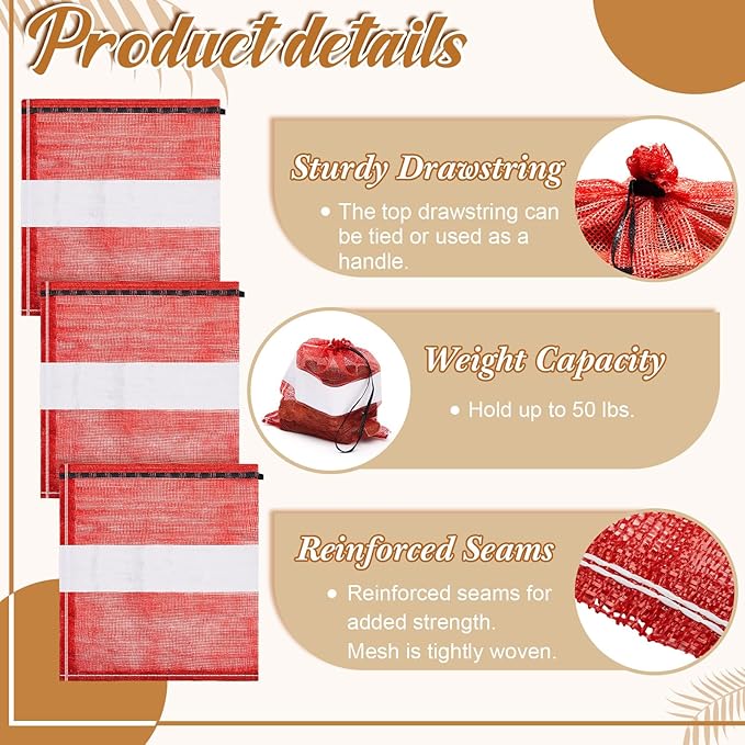10 Pcs Onion Bags Reusable Mesh Produce Storage with Drawstring Firewood Bags Onion Potato Storage Sacks for Garden Vegetable Fruit Produce Packaging Supplies (22 x 24 Inch)
