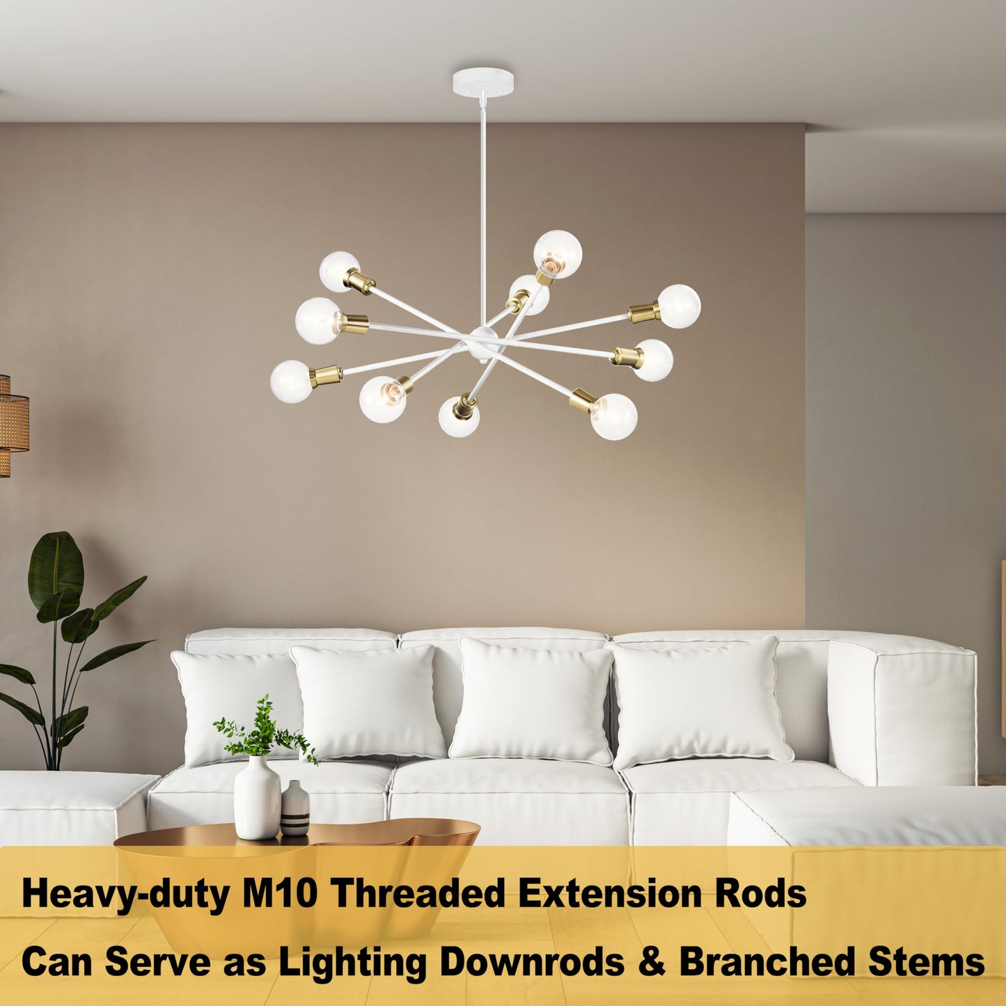 M10 Threaded Extension Poles Lighting Fixture Downrods Stems & 180 Degrees Sloped Ceiling Adapter Kits For Pendant Light  Island Lighting  Chandeliers (White)