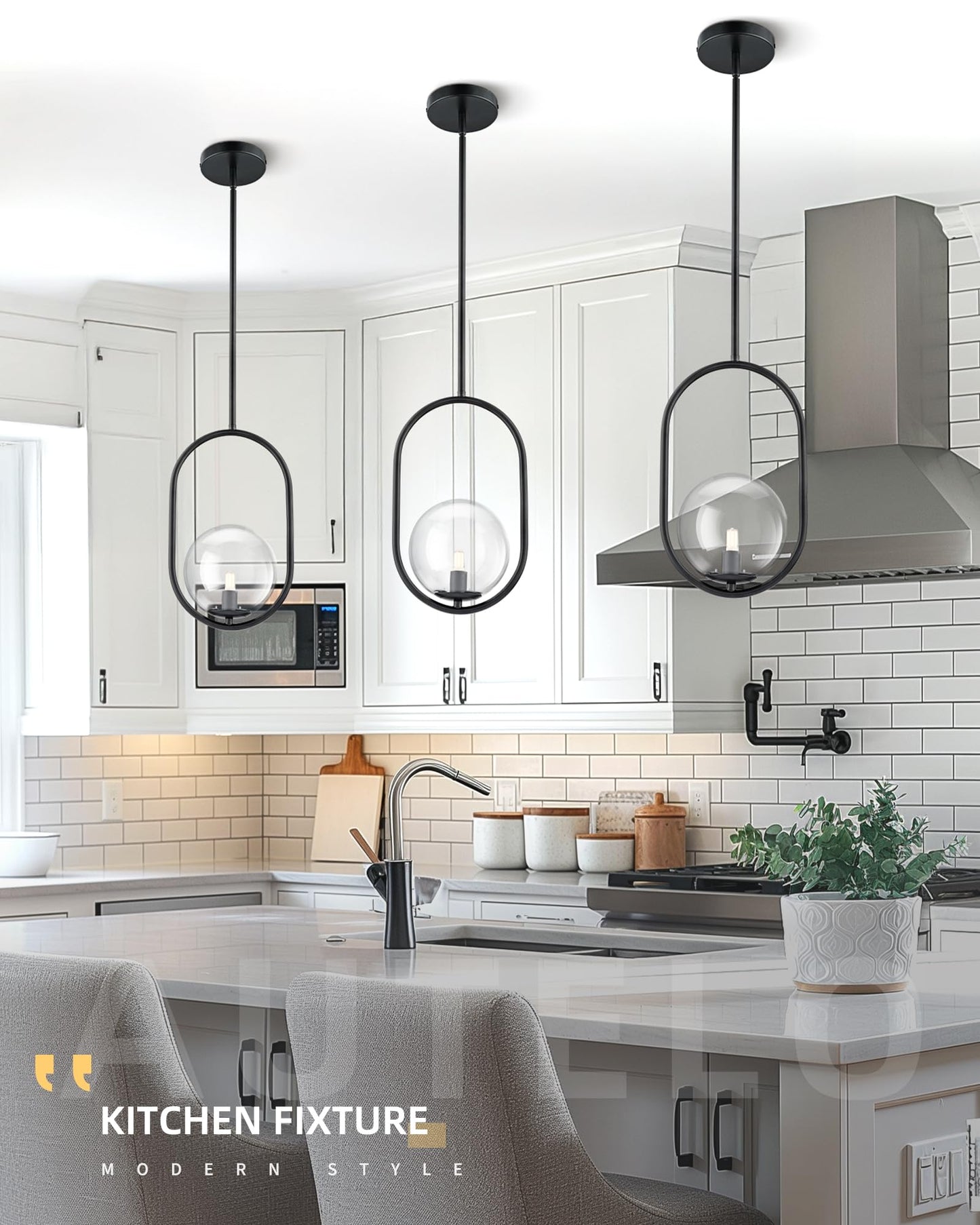 Autelo 1-Light Matte Black Pendant Lights Kitchen Island  Kitchen Pendant Lighting Over Island With Clear Globe Glass  Black Hanging Lamp With Adjustable Rod For Kitchen Island H9376 Clbk