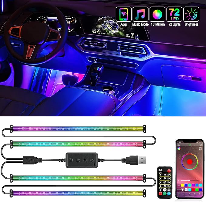 Nilight 72 LED USB Interior Strip Lights Dream Color RGB-IC 12V DC with App RF Remote Control Multicolor Footwell Under Da...