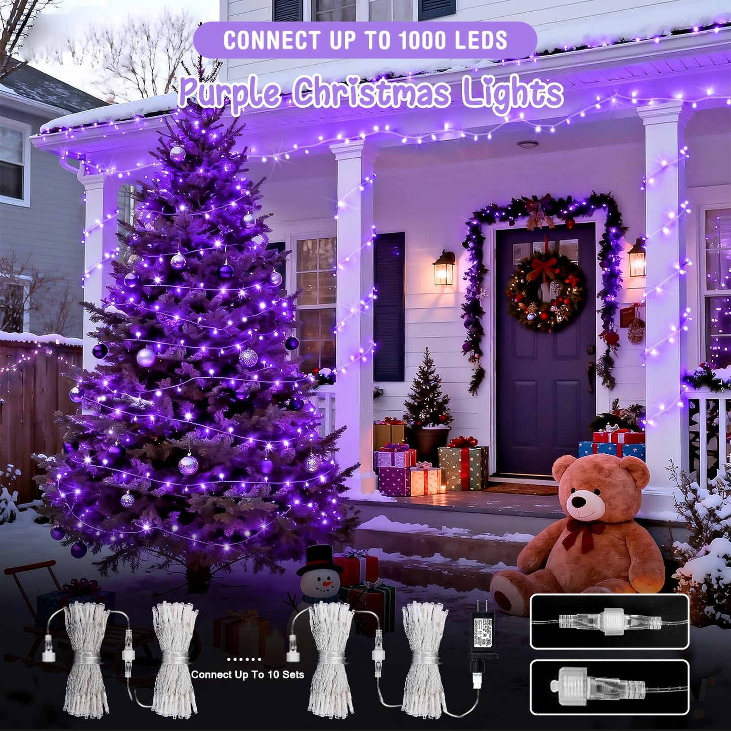 Jmexsuss 2 Pack 100 Led Purple Christmas Lights Indoor  33Ft Clear Wire Purple String Lights Outdoor Waterproof  8 Modes Connectable Christmas Tree Lights For Xmas Tree Yard Bedroom Porch Decorations