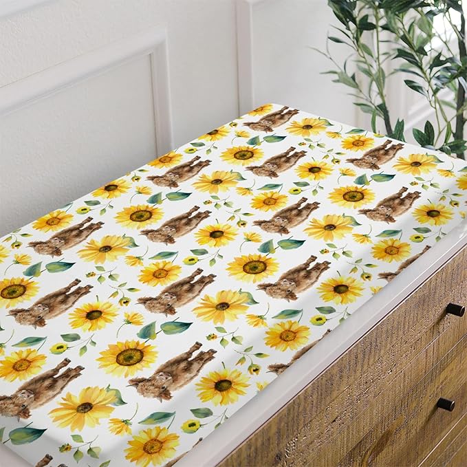 HawSkgFub Highland Cow Sunflower Changing Pad Cover for Baby Girls, Western Farm Animal Fall Flower Diaper Change Table Covers, Soft Stretchy Safe Snug Fitted Changing Mat Sheet Fit 32"/34" x 16"