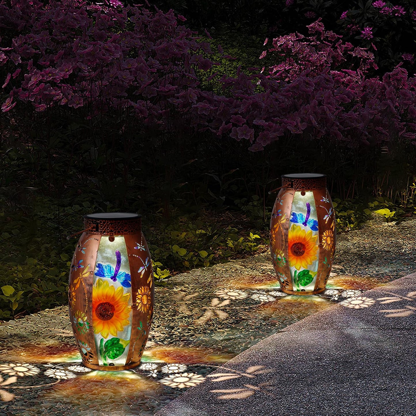 Solar Lanterns Outdoor Hanging Lights Decor Dragonfly Lantern Waterproof Metal Led Sunflower Light Decorative Garden Yard Patio Lawn Gifts For Women Mom
