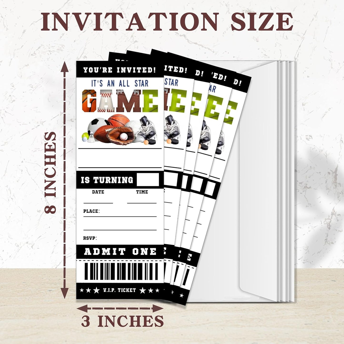 Sports Birthday Cards-20 Basketball Baseball Football Tennis Ticket Invite Cards-It's An All Star Birthday Invitation with Envelopes for Teens kids Adults-Party Favor & Supplies (3×8 inch)-A15