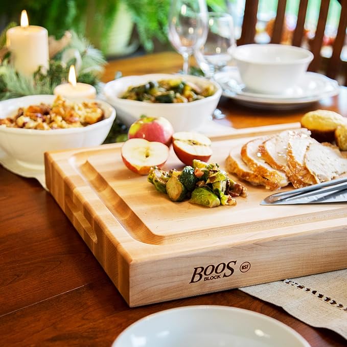 John Boos RA-Board Series Rectangular Wooden Maple Deluxe Barbecue Cutting Board 20”x15” – 2.25” Thick, 20-lb Reversible Butcher Block with Juice Groove, Edge-Grain & Finger Grips – Made in the USA