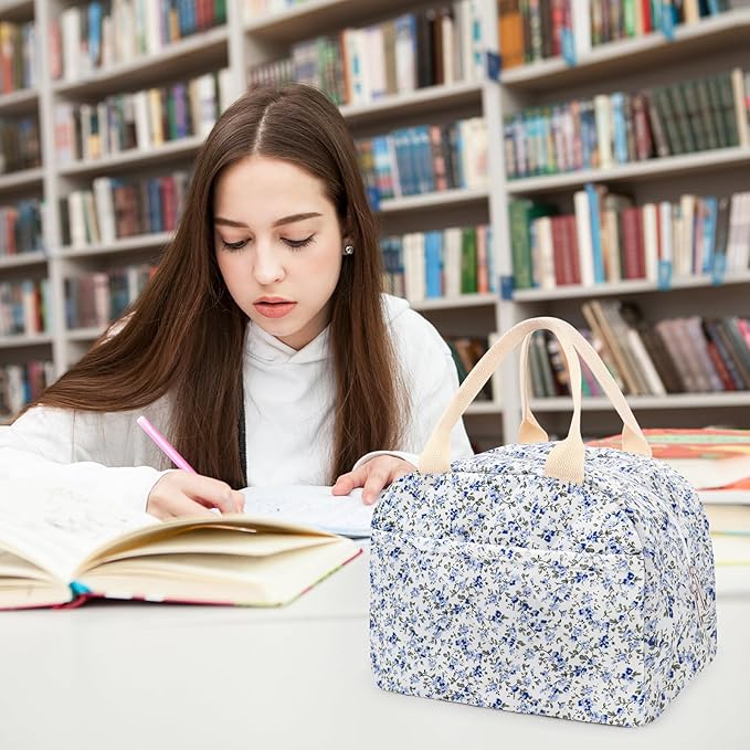 Cotton Quilted Insulated Lunch Bag, Cute Quilted Floral Lunch Tote Bags Reusable Insulated Lunch Box Coquette Aesthetic Large Capacity Insulated Cooler for Women Work Travel Picnic (Dark Blue)