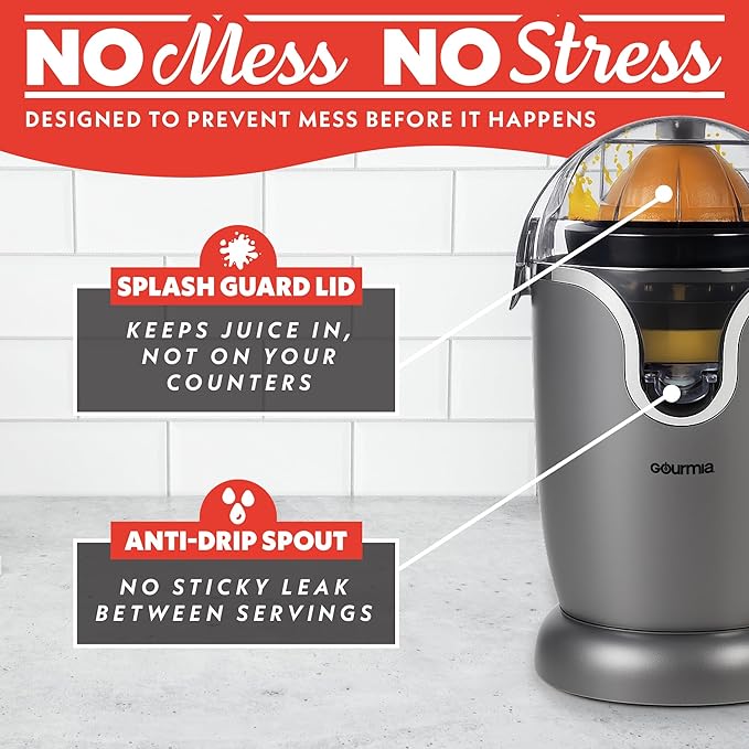 Gourmia Hands Automatic Citrus Juicer with One-Touch Operation - Universal Cone, Anti-Drip Spout, Dishwasher Safe Accessories, Compact, Quiet 60W Motor