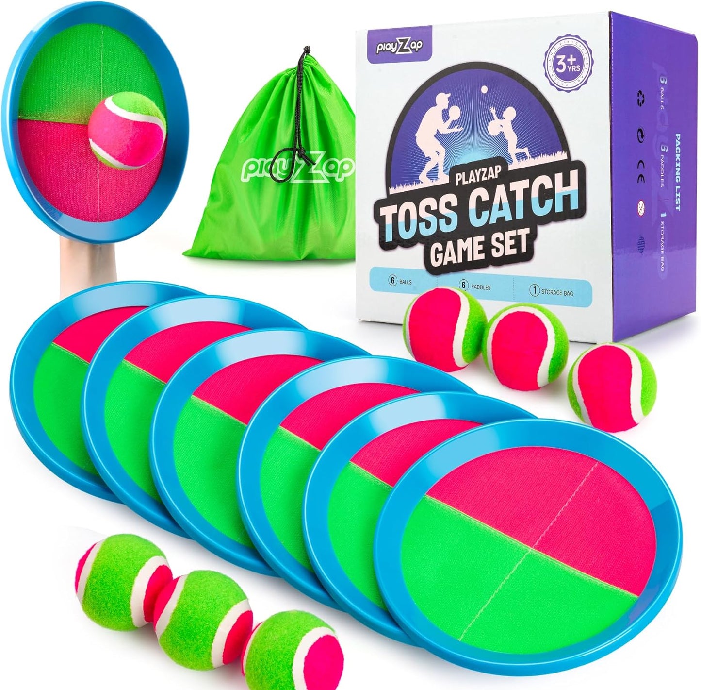 PlayZap Toss and Catch Ball Set Upgraded - Kids Baseball Toys Sturdy PVC for Family Games - Water-Resistant Great for Beach Pool Yard Outdoor - Gift for 3 4 5 6 7 8 9 10 11 12+ Years Old Boys Girls