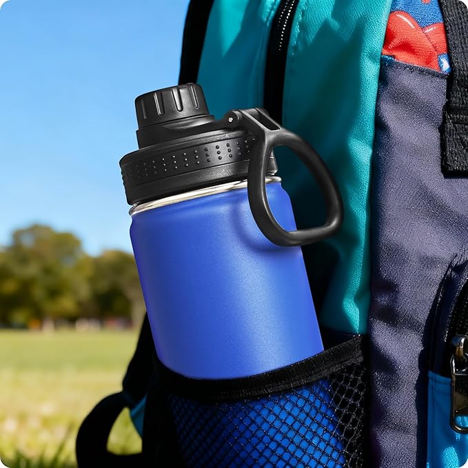Small Water Bottle 12 oz Insulated Sports Wide Mouth Flask for School-Reuasble Stainless Steel Vacuum Travle Water Bottle with Silicone Boot (Navy)