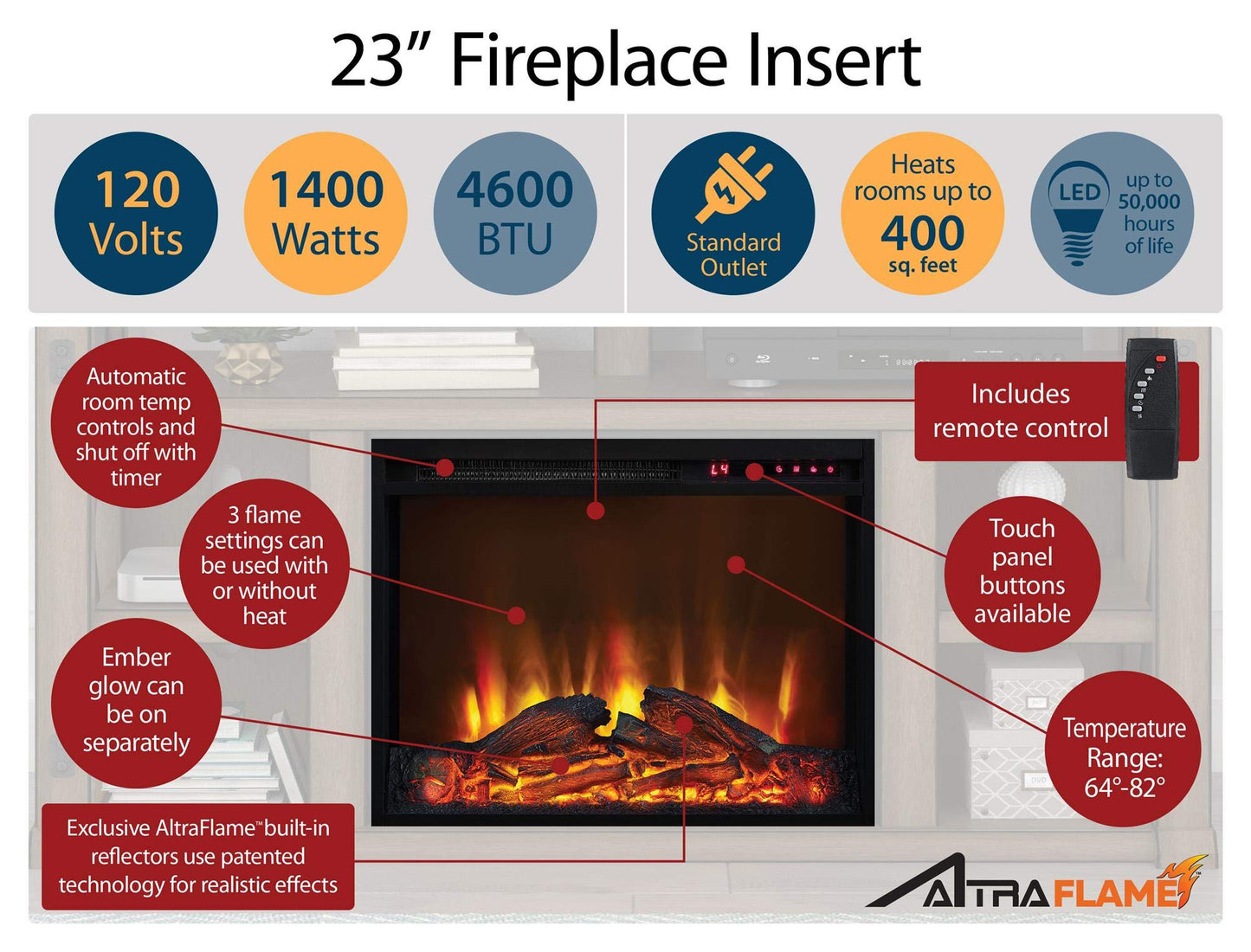 Ameriwood Home Mateo 30" Electric Fireplace, Black, Engineered Wood, Freestanding, Remote Control, Realistic Log & Flame Effect, Model 1081501COM