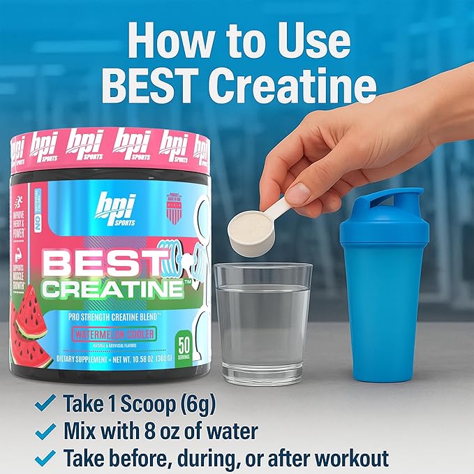 BPI Sports Best Creatine - Creatine Monohydrate Powder for Men & Women, Himalayan Salt - Strength, Pump, Muscle Growth, Muscle Definition - No Bloat - Watermelon Cooler - 50 servings - 10.58 Ounce