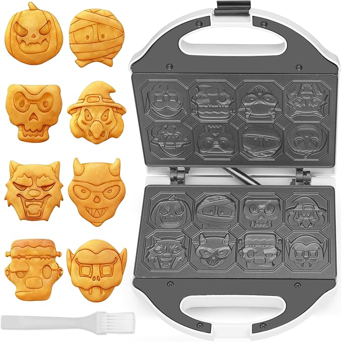 Spooky Mini Waffle Maker for Kids, Mini Pancake Maker Machine, Electric Small Waffle Iron, 8 Fun Character Waffle Maker, Gift for Christmas Halloween, White