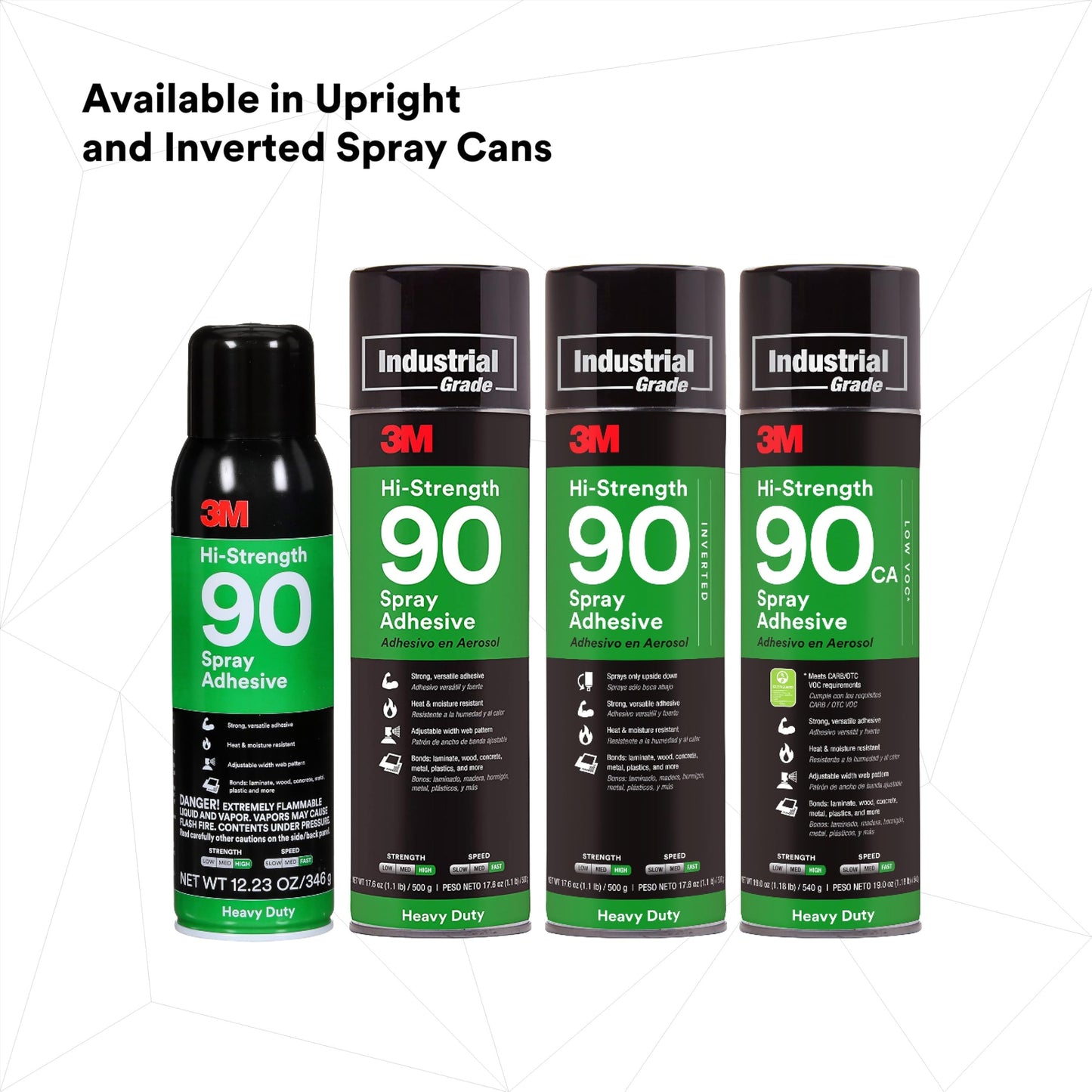 3M Hi-Strength 90 Spray Adhesive, Permanent, Bonds Laminate, Wood, Concrete, Metal, Plastic, Clear Glue, Net Wt 17.6 oz, Will Spray Upside Down Only
