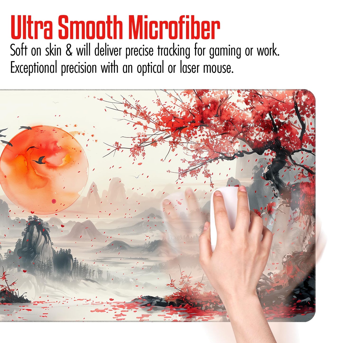VNDL Large Japanese Gaming Mouse Pad, White and Red, Premium Non-Slip Anime Desk Pad for Office, Extended XL XXL Mouse Mat and Laptop Pad, Waterproof and Stiched Edges 31.5 x 15.7 in (sam1)