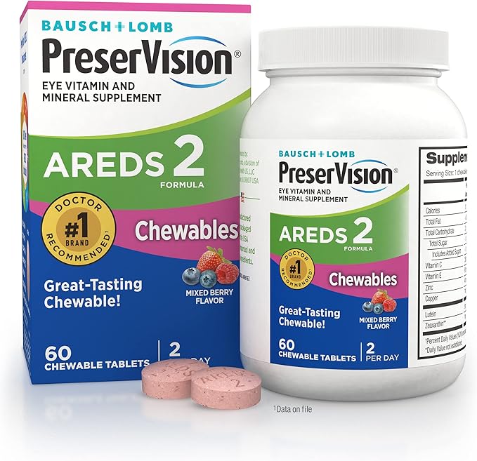 PreserVision AREDS 2 Eye Vitamins, Chewable Lutein and Zeaxanthin Supplement with Vitamin C, Vitamin E,Zinc, and Copper, Mixed Berry, 60 Tablets