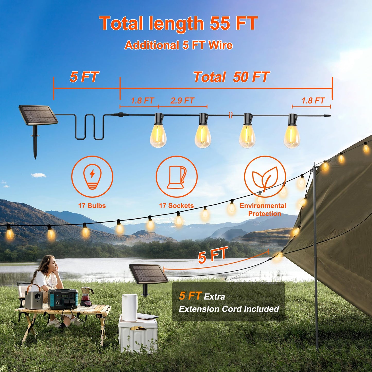 Stright Solar String Lights, 55FT 17 Sockets, Warm White, Remote Control, USB Charging, E12 S14 Bulbs for Outdoor Patio Garden