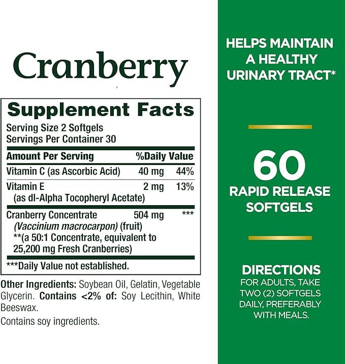 Nature's Bounty Cranberry Dietary Supplement, Supports Urinary Tract and Immune Health, Softgels, 25,200 Mg, 60 Ct