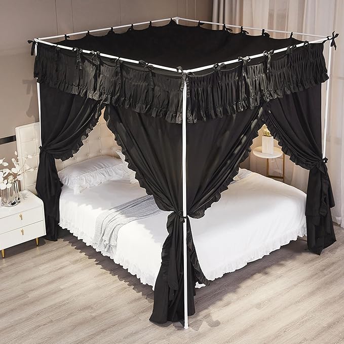Ruffle Lace up 4 Corners Post Princess Curtain Bed Canopy Cozy Breathable Mosquito Net Cloth for Girls Adults Bedroom Decoration (Black, 64" W*82" L*82" H/Queen)