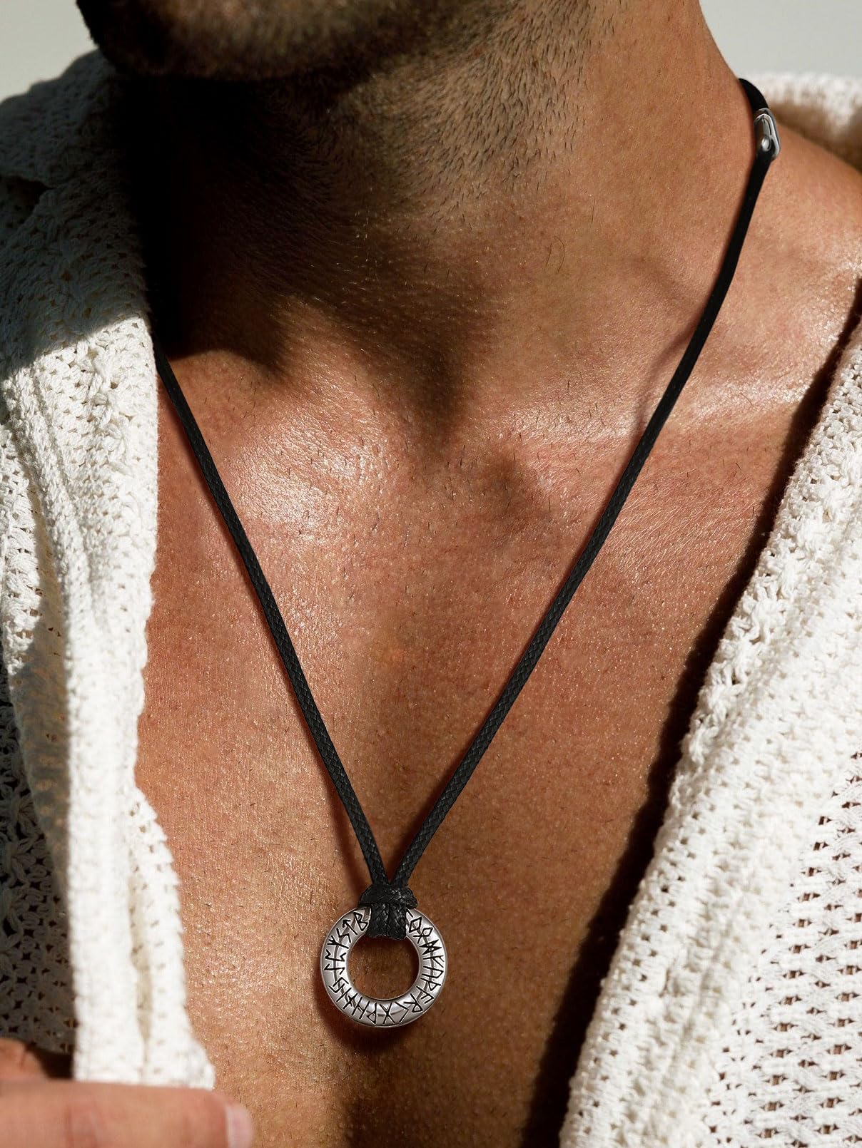 FaithHeart Norse Viking Circle Rune Pendant Necklace Braided Leather Rope Chain Necklaces for Men Women Nordic Mythology Jewelry