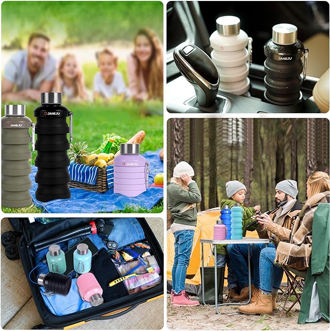 JaneJu Collapsible Water Bottle, 17oz BPA Free Silicone Reusable Portable Lightweight Foldable Water Bottles with Carabiner, Portable Leak Proof Sports Water Bottle (Black)