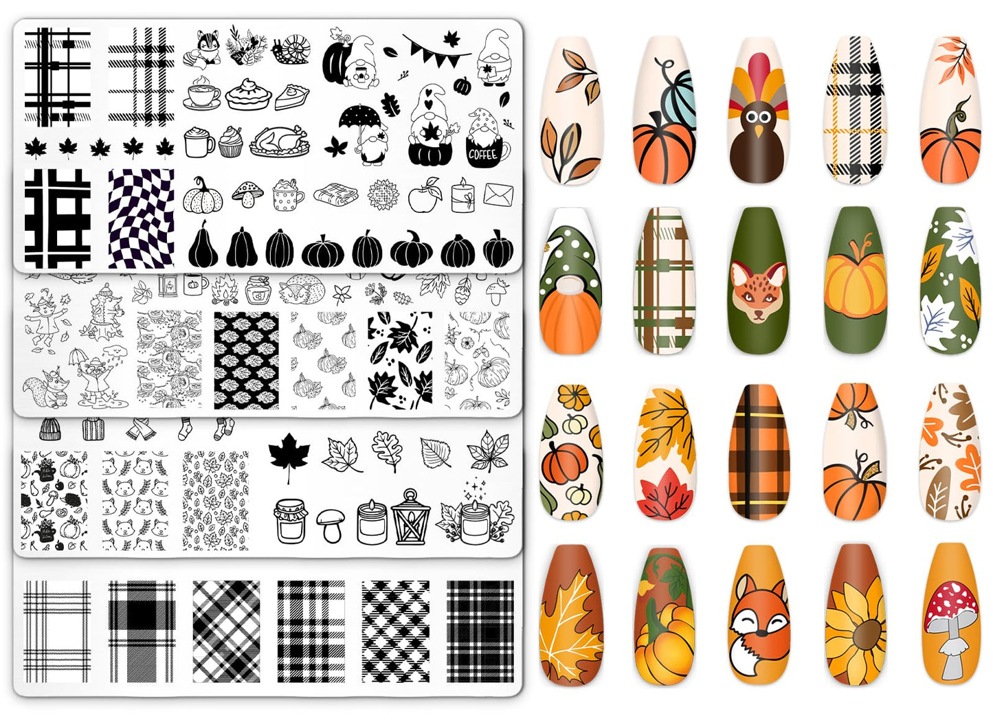 JarThenaAMCS 4Pcs Fall Nail Plates Stamping Set Pumpkin Leaf Gnome Stamp Templates Nail Art Plates for Autumn Harvest Thanksgivi
