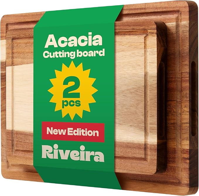 Riveira Acacia Wood Cutting Board – Versatile and Durable: Set Of 2 Pcs Rectangular Wooden Cutting Board – Natural Wooden Cutting Boards For Kitchen – Complete Acacia Wooden Chopping Board