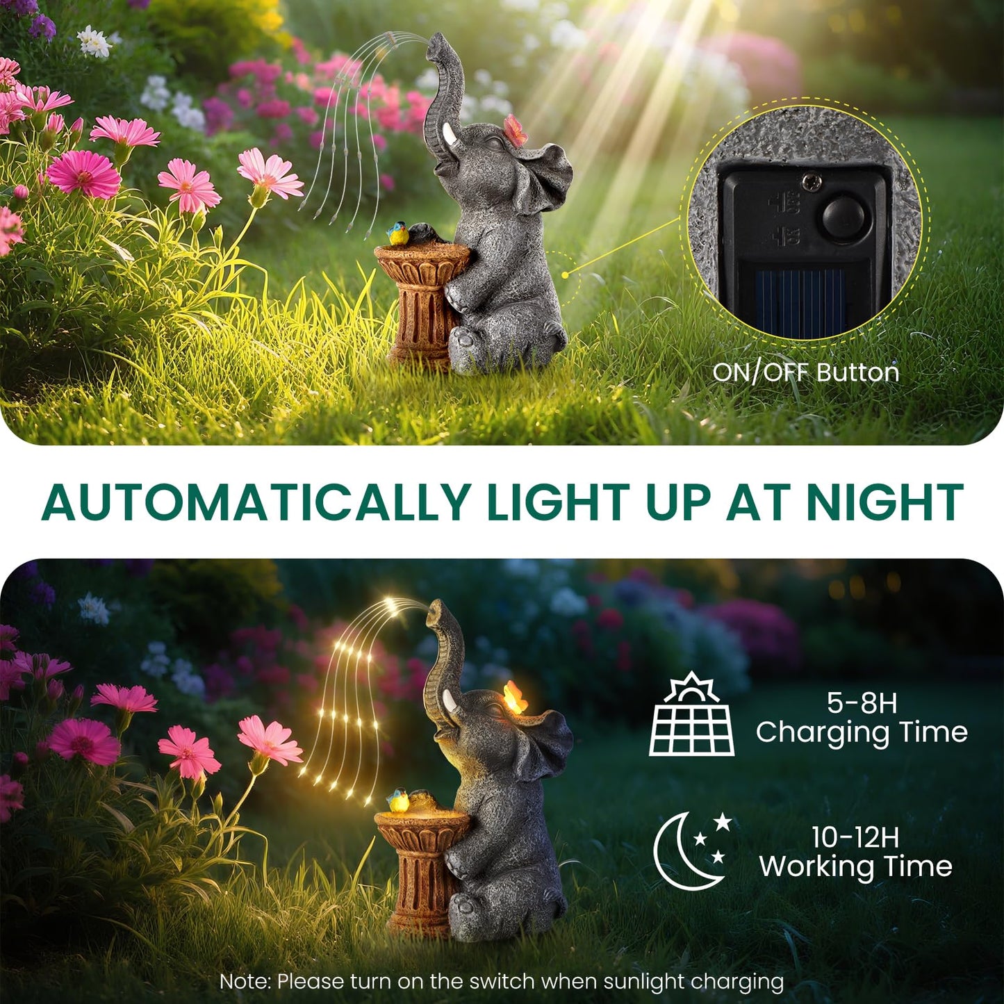 Goregent Garden Decor Watering Elephant Statue, Solar Light Ornament, 5.27x9.91x4.41in, Gray, Resin