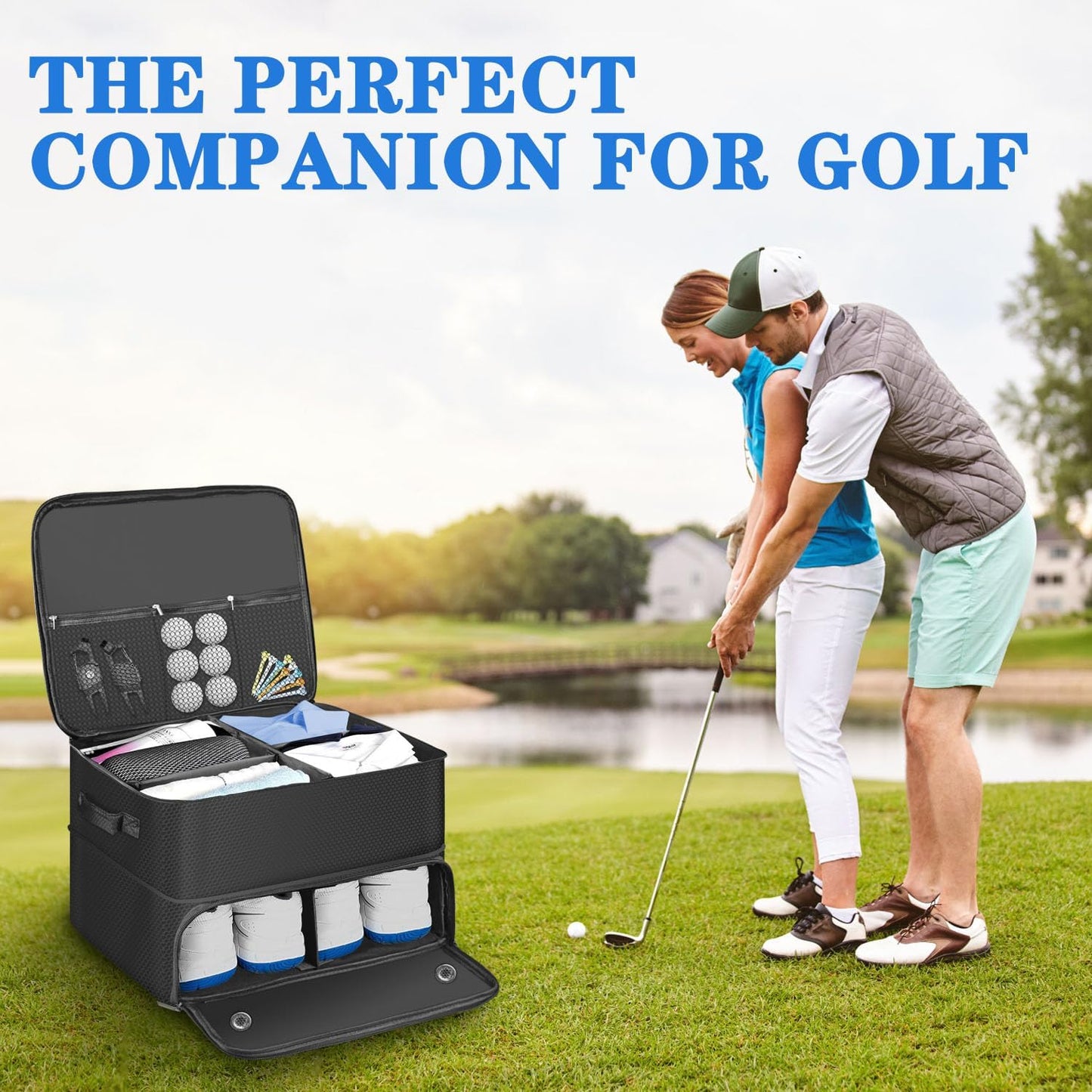 Golf Trunk Organizer for Car, Foldable Golf Storage Box with Ventilated Shoe Compartment, Holds 2 Pair Shoes, Balls, Cap, Gloves, Clothes 17.7x13.3x9.4 inch Car Organizer for Golf Gear (Black)