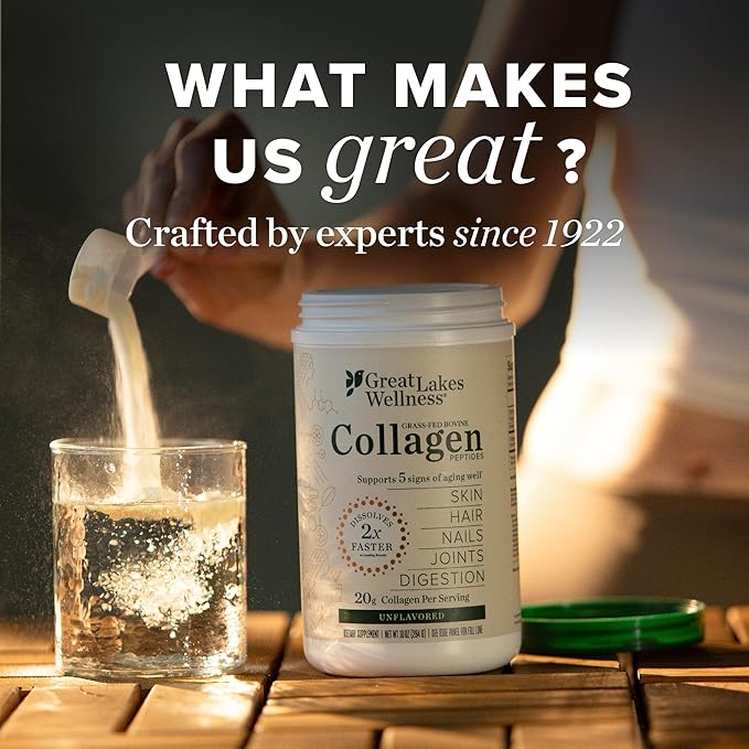 Great Lakes Wellness Collagen Peptides Powder for Skin, Hair, Nails, Joints & Digestion - Unflavored - Quick Dissolve Hydrolyzed, Non-GMO, Keto, Kosher - 20 Sticks