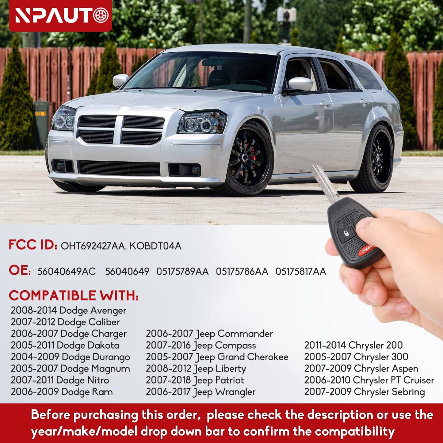 Npauto Key Fob Replacement Fits For Dodge Ram Dakota Durango Magnum Caliber Charger Nitro Avenger, Jeep Wrangler Compass Patriot