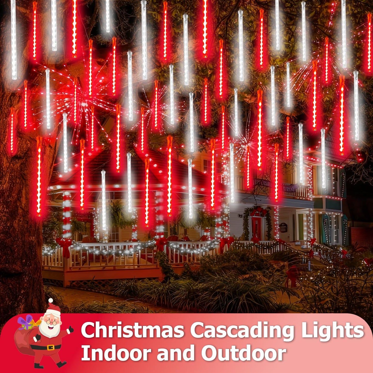 2-Pack Extendable Meteor Shower Christmas Lights Outdoor  16 Tubes 384 Leds Waterproof Falling Rain String Lights  Christmas String Lights Outdoor For Tree Garden Holiday Decorations (Red And White)