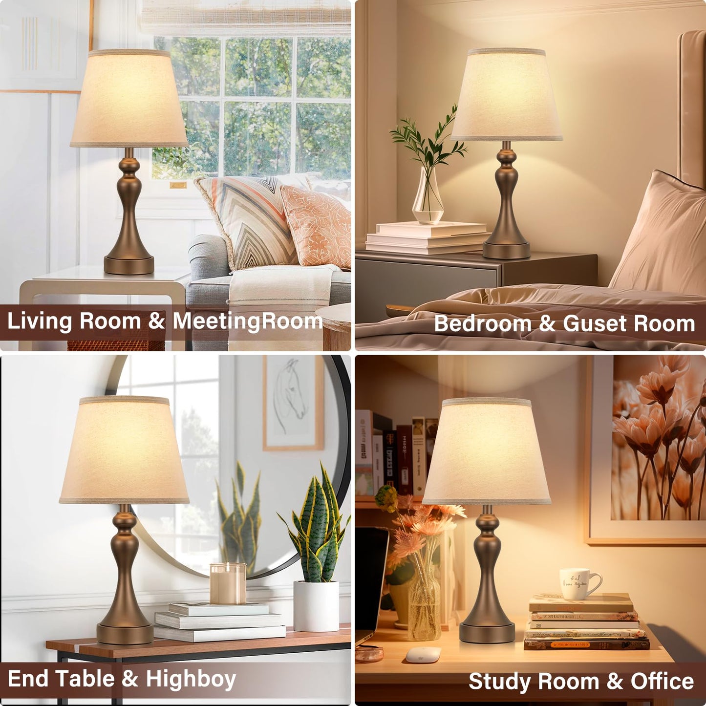 Seealle Touch Lamps Set of 2, 3 Way Dimmable, USB C+A, 9.5 x 9.5 x 19 inches, Brown & Oat Shade, Metal