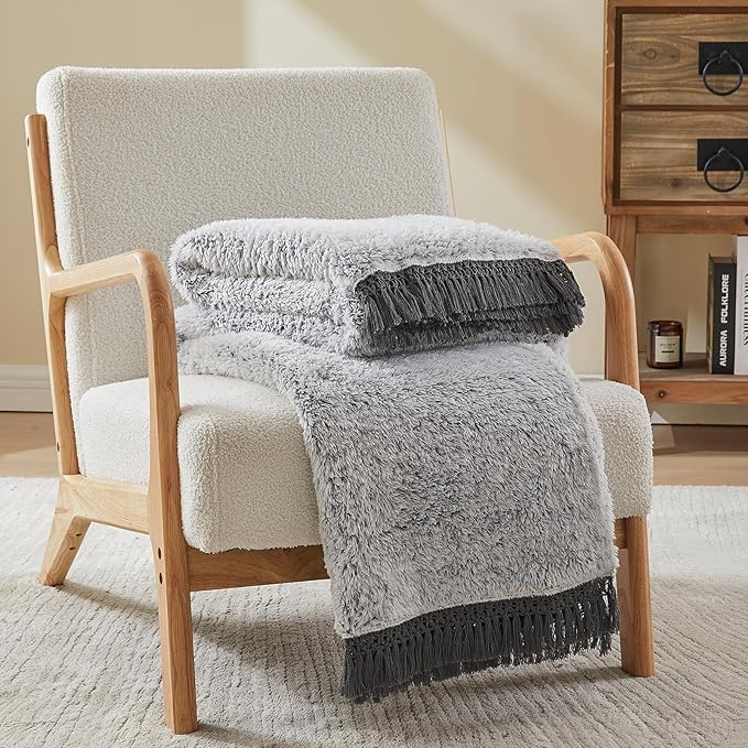 EMME Fuzzy Blanket Soft Fleece Throw Blankets for Women, Fluffy Sherpa Throws(Tassel Grey,60"x80")