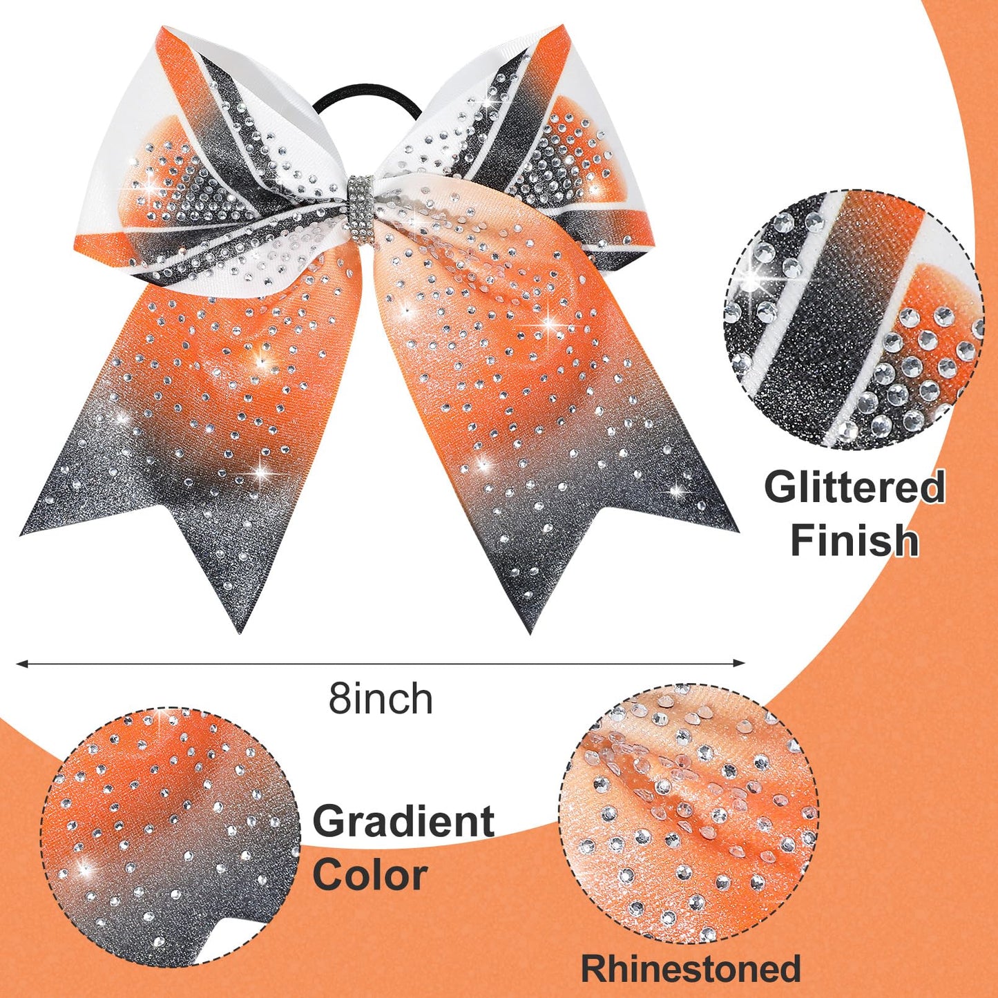 DEEKA 6PCS 8 Large Glitter Cheer Bows Black and Orange Gradient Color Rhinestone Shiny Cheer Hair Bows Elastic Band Ponytail Hol