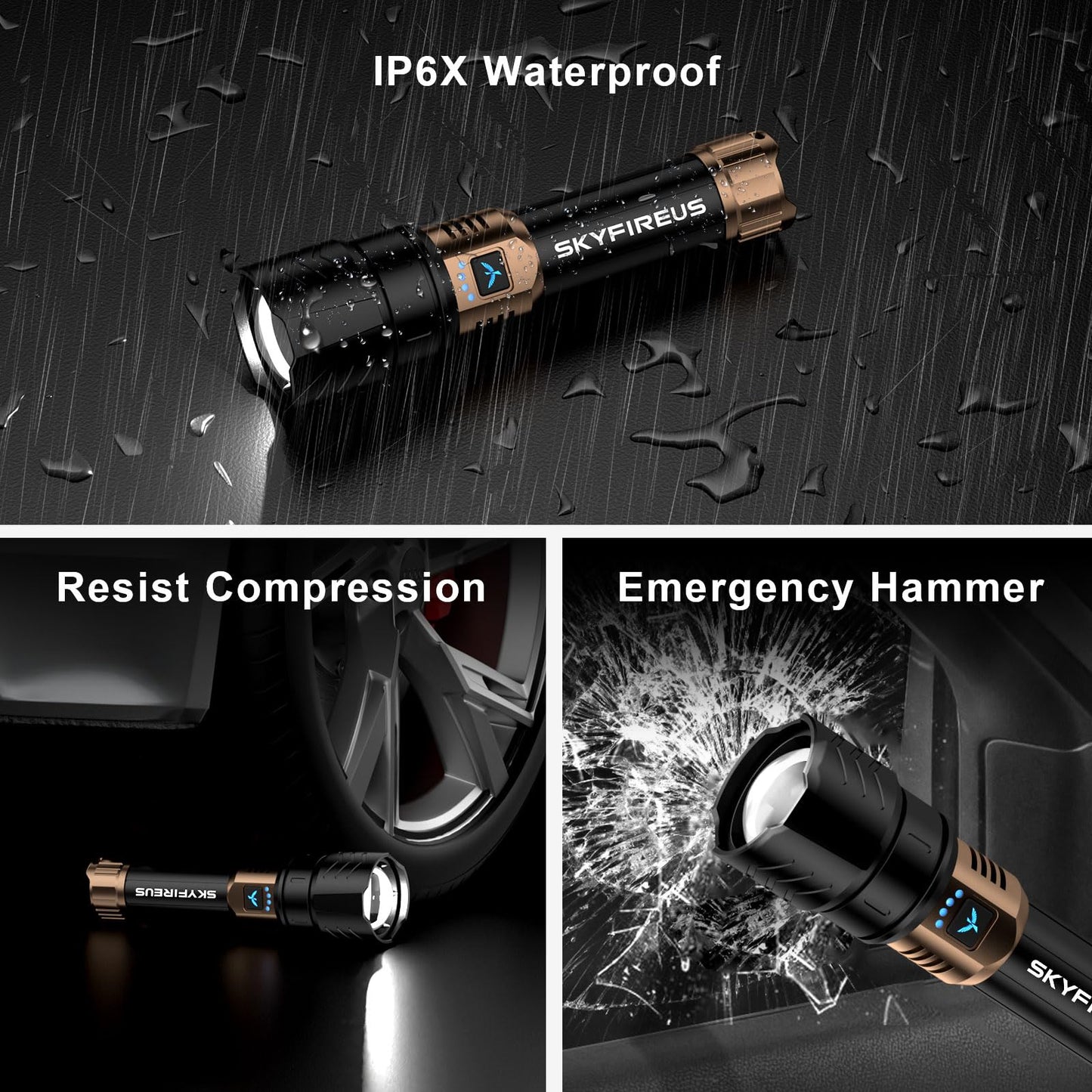 Skyfire Rechargeable Flashlight High Lumens Led Flashlight With 8000Mah Zoomable Four Modes Waterproof Bright Flash Light For Camping Essentials Outdoor Home-No Lens