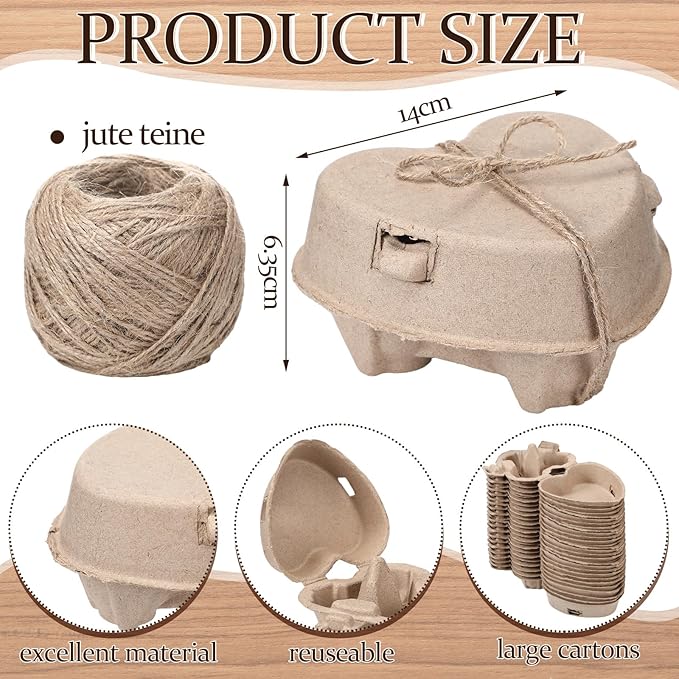 80 Pcs Easter Heart Shaped Eggs Cartons 3 Count Natural Paper Pulp Valentine Egg Cartons with Jute Rope Reusable Cardboard Storage Baskets Holder Tray for Kitchen Holiday Gifts Market Farm