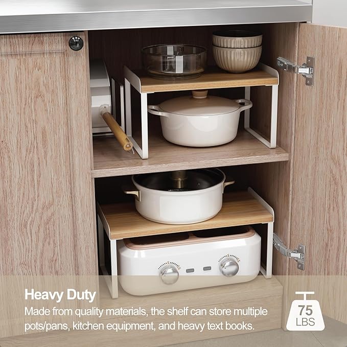 Mitus Shelf Organizer and Storage, Tiered Wood Cabinet Rack for The Kitchen Counter, Bathroom Counter, Pantry Cupboard, Office Desk Bookshelf, 12" Wide Natural and White (Large)