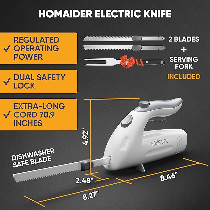 Electric Knife for Turkey, Meat Slicing, Bread, Fillet, Foam & More | Ergonomic Handle + 2 Stainless Steel Carving Blades & Serving Fork Included