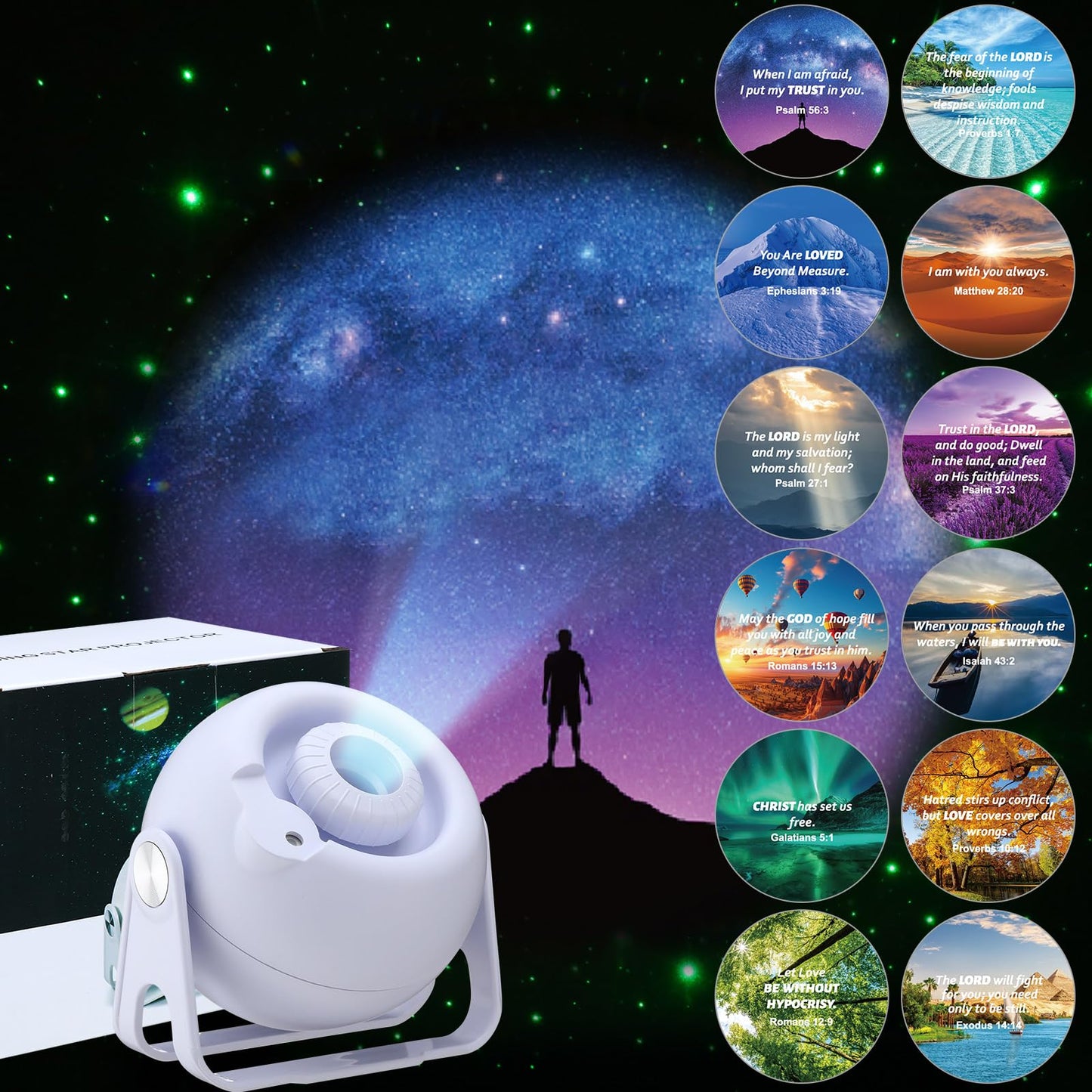 Aurelema Landscape Verses Projector Galaxy Projector Includes 12 Interchangeable Christian Discs Night Light Set Project Religious On Walls Or Ceilings For Gift