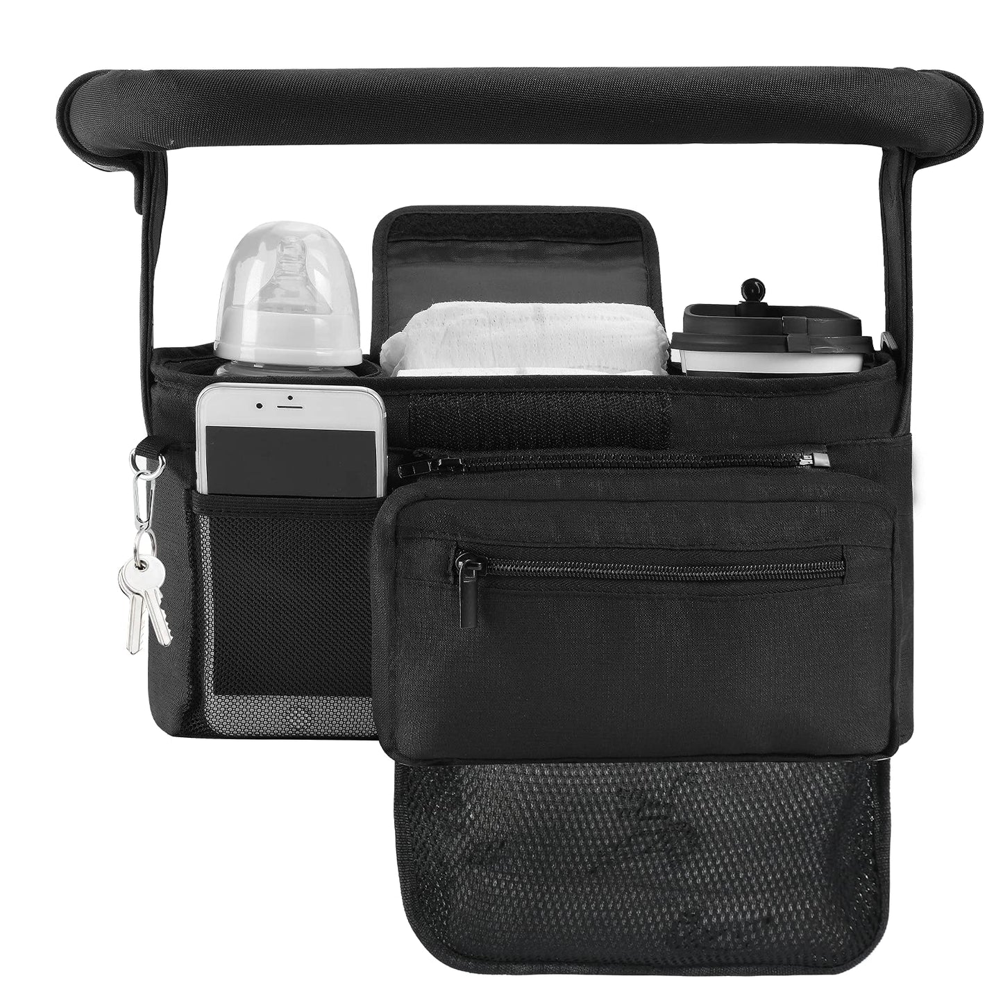 Momcozy NON-SLIP Universal Stroller Organizer | Insulated Cup Holder | Detachable Phone Bag & Shoulder Strap | Fits Uppababy, Baby Jogger, Britax, BOB, Umbrella and Pet Stroller
